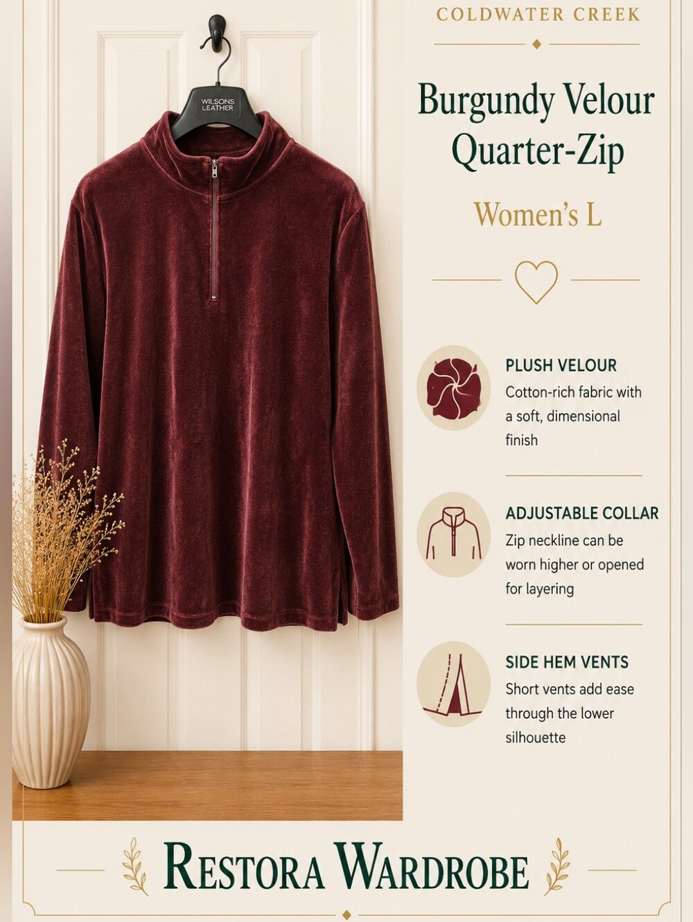 Coldwater Creek Burgundy Velour Quarter Zip Mock Neck Pullover L